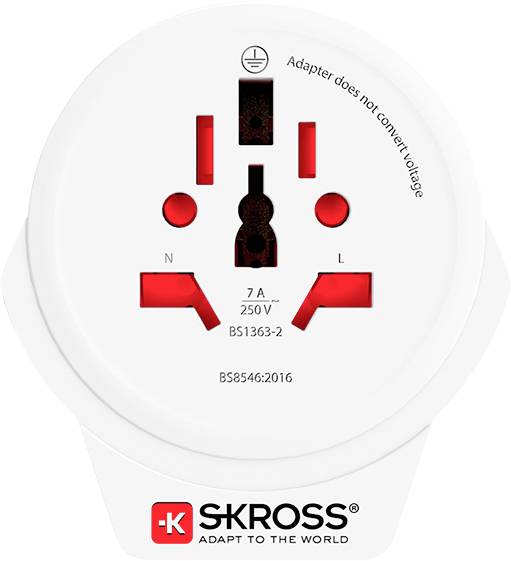 White universal travel adapter with red socket details; labeled 'Adapter does not convert voltage,' 'BS1363-2,' 'BS8546:2016'; 'SKROSS, Adapt to the World' logo.
