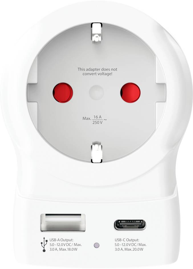 Un adaptateur secteur blanc avec ports USB-A et USB-C. Marqué « Cet adaptateur ne convertit pas la tension » et « Max 16 A, 250 V ».