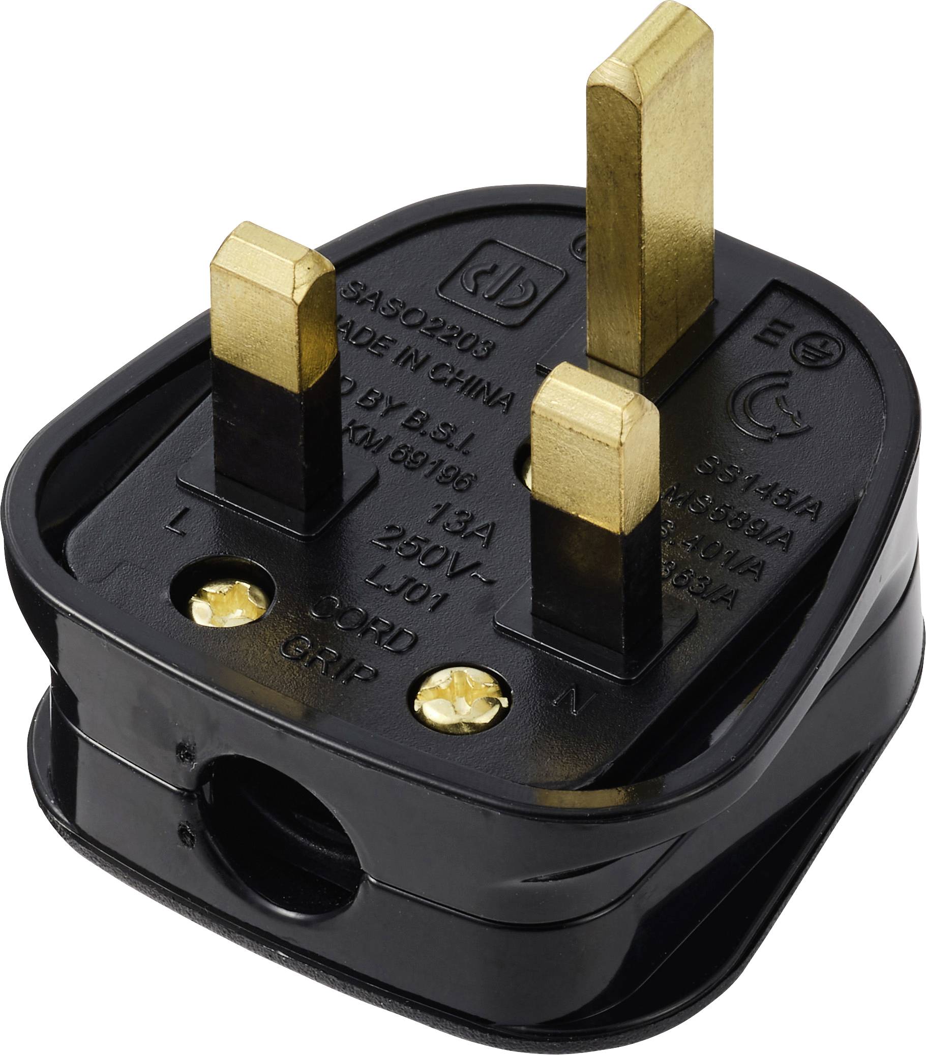 Adaptateur de prise électrique trois broches britannique noir avec broches en laiton, présenté isolé sur fond blanc.