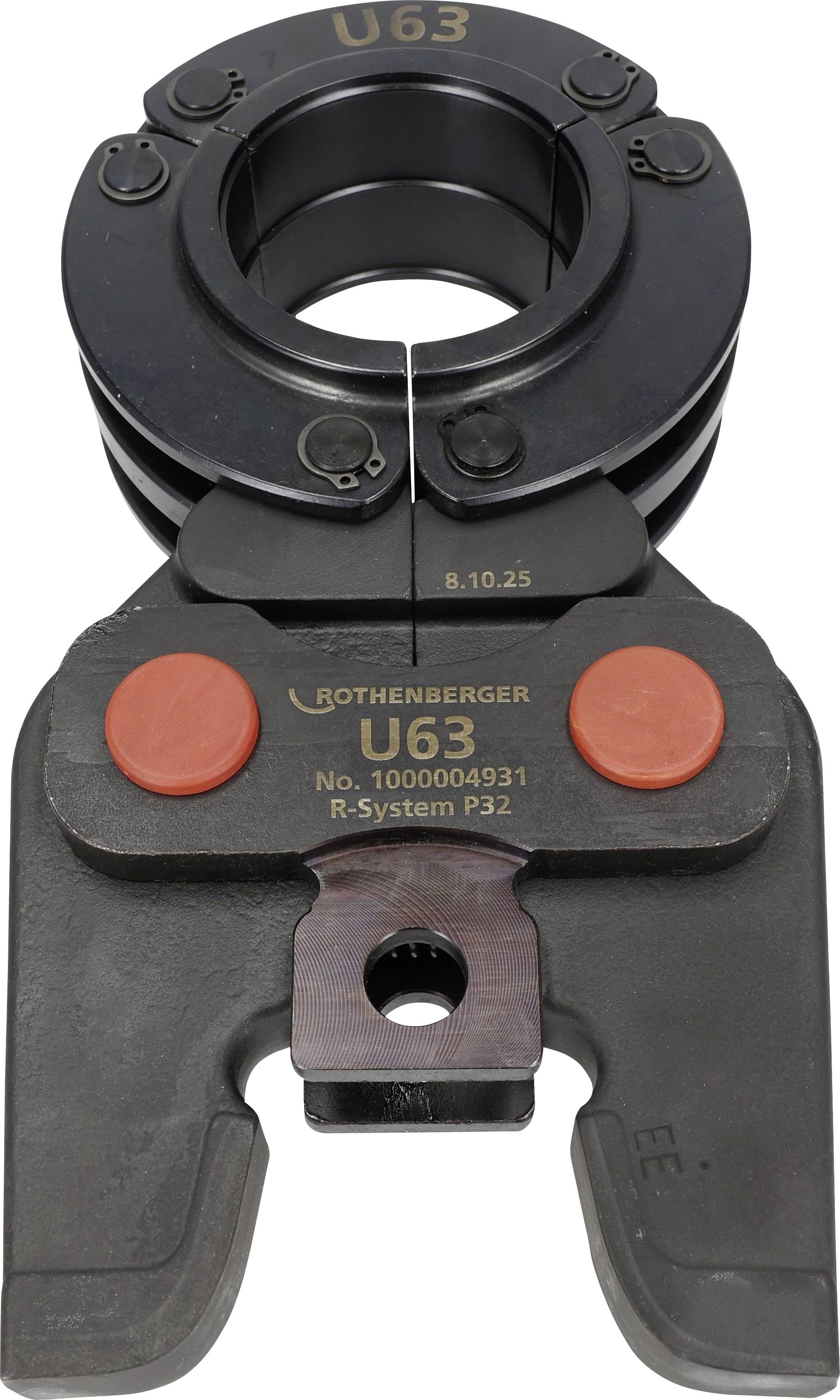 Outil de pince de presse de tuyau « Rothenberger U63 R-System P32 » pour presser les raccords, métal noir avec composants rouges, étiqueté « 8.10.25 ».