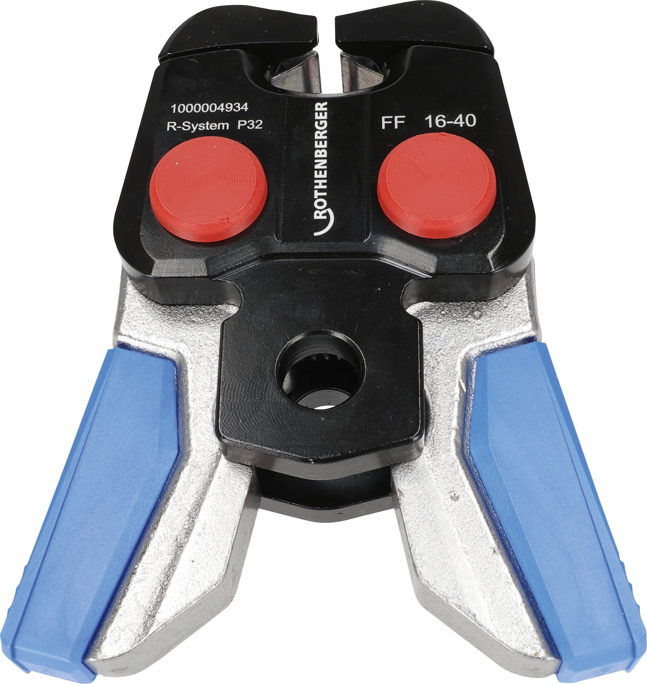 Outil de sertissage de tuyaux 'Rothenberger R-System P32' avec des cadrans rouges et des poignées bleues, utilisé pour les travaux de plomberie et de raccorderie.