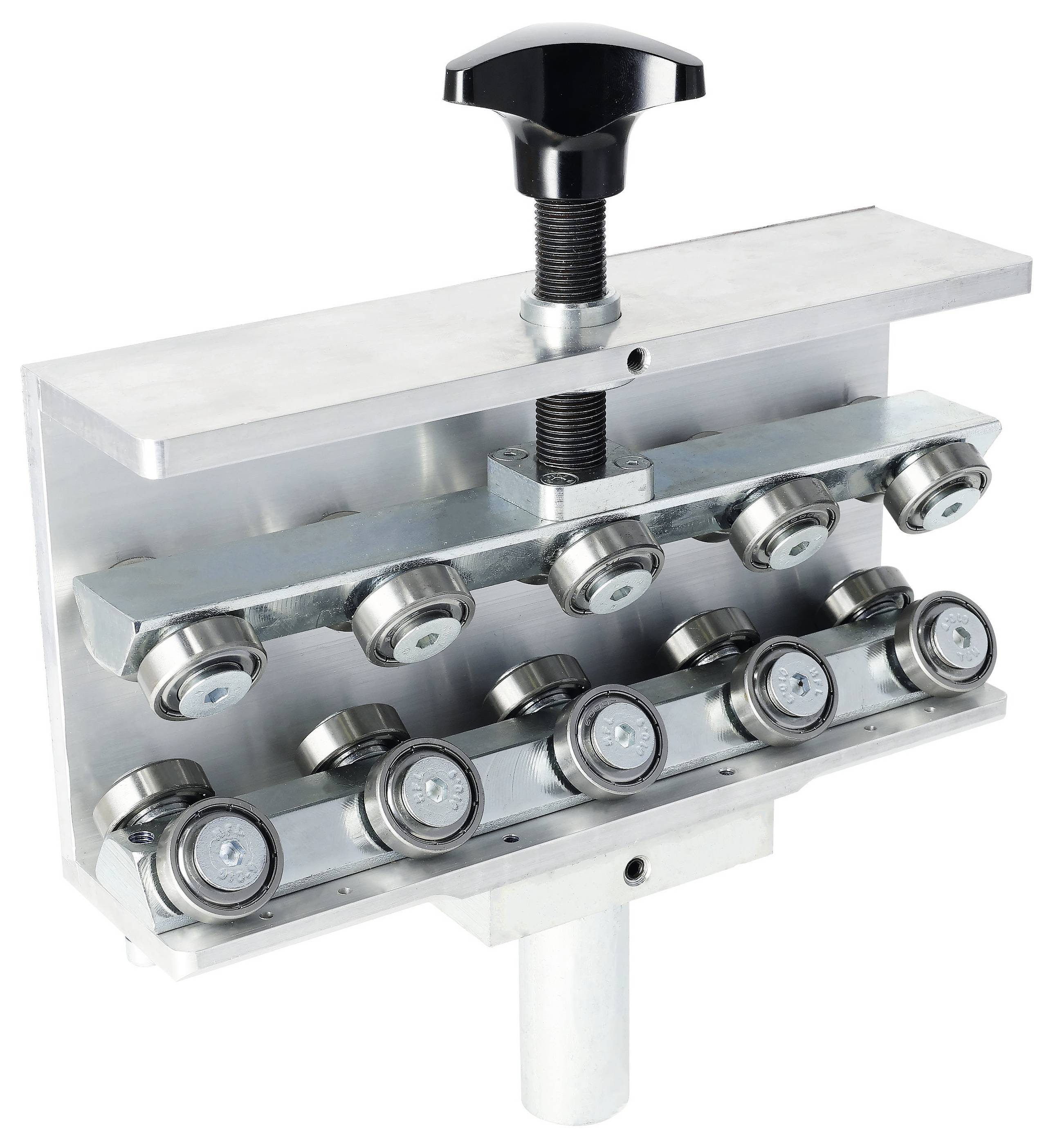 Metal clamp with multiple rotating wheels and a black handle at the top, designed for guiding or aligning materials.