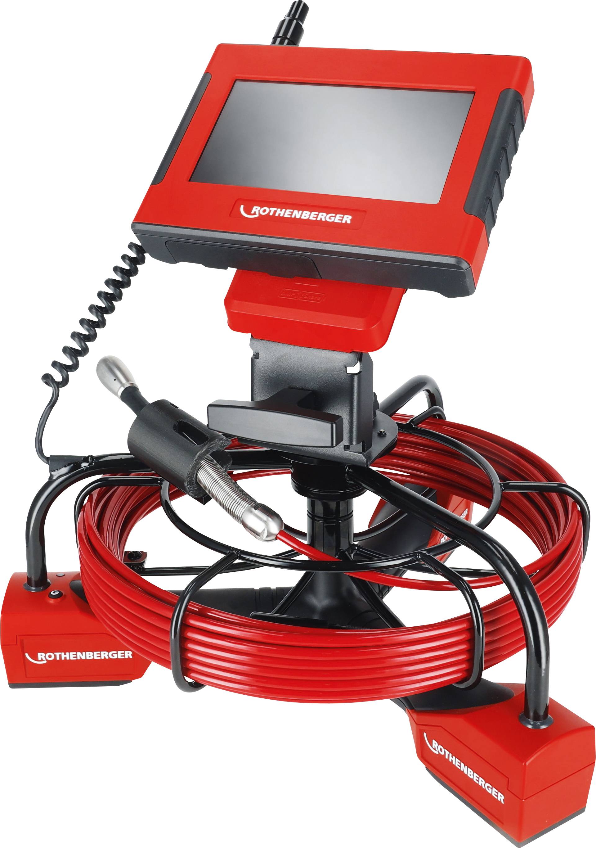 Une caméra d'inspection Rothenberger rouge est équipée d'un câble enroulé et d'un écran, utilisée pour inspecter les zones difficiles d'accès.