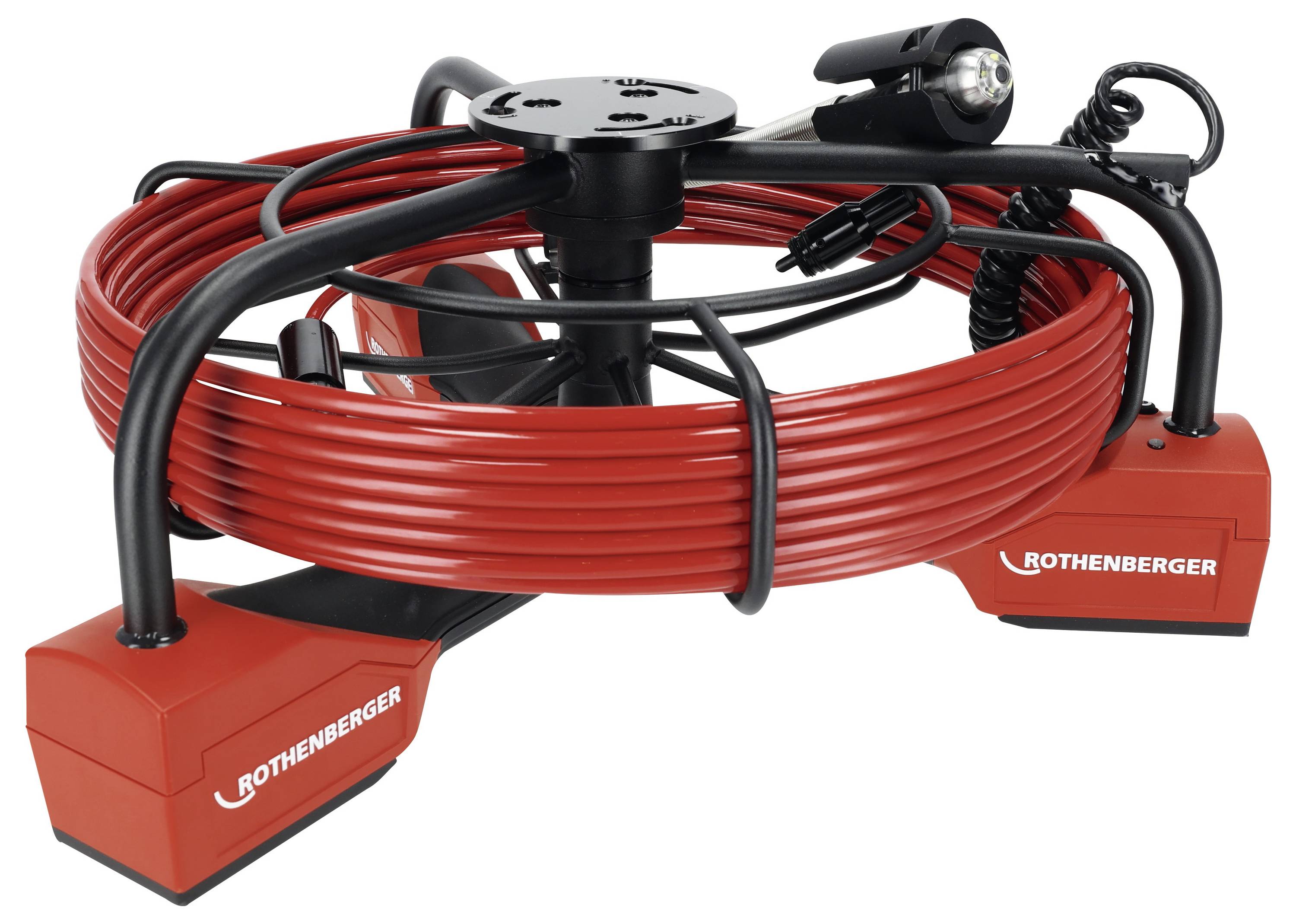 Rothenberger pipe inspection reel with red cable coiled on sturdy black frame. Includes a control handle for operation.