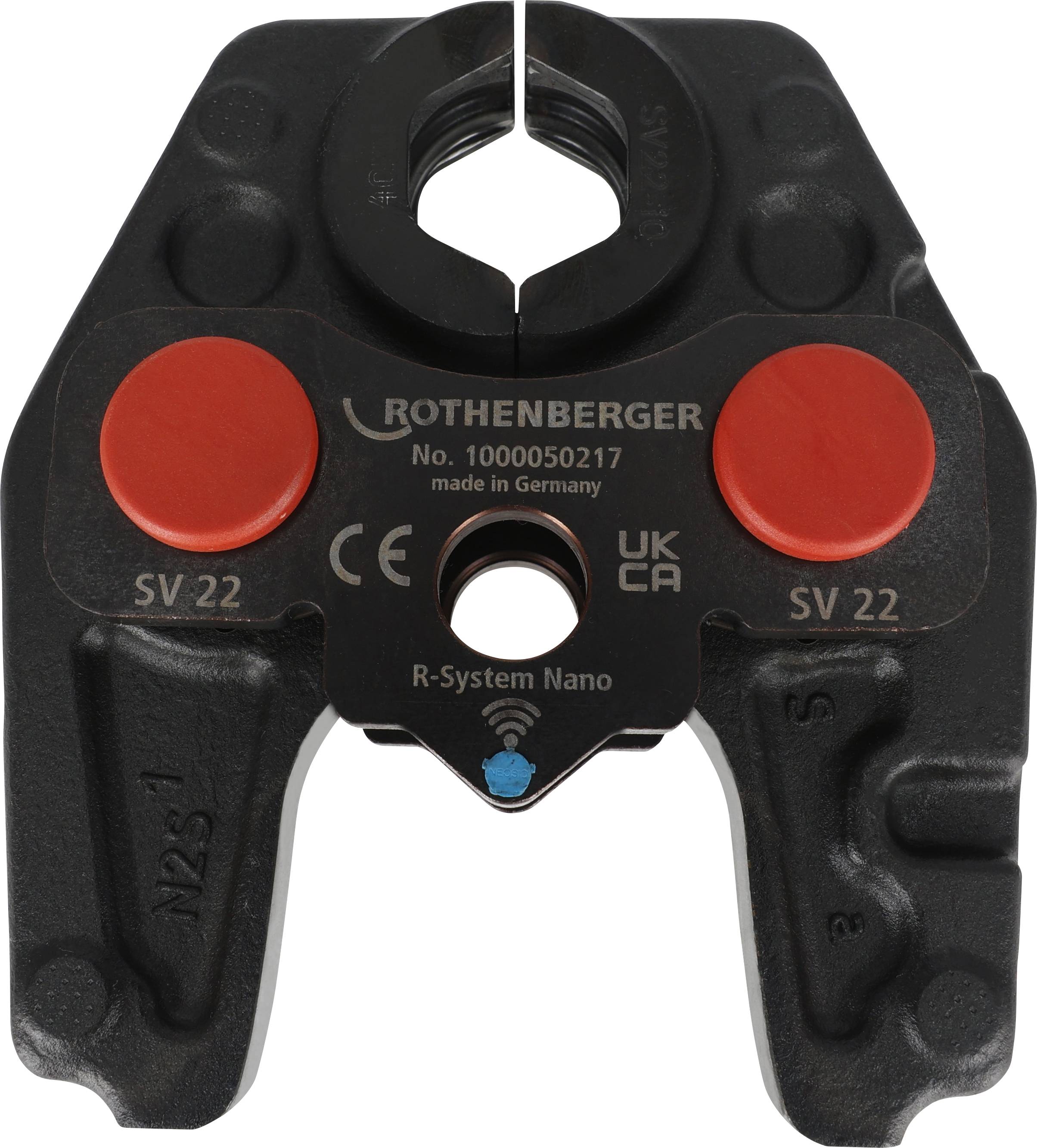 Tête d'outil de sertissage portant l'étiquette « Rothenberger SV 22 », avec deux boutons circulaires rouges et le numéro de pièce « 1000050217 », fabriquée en Allemagne.