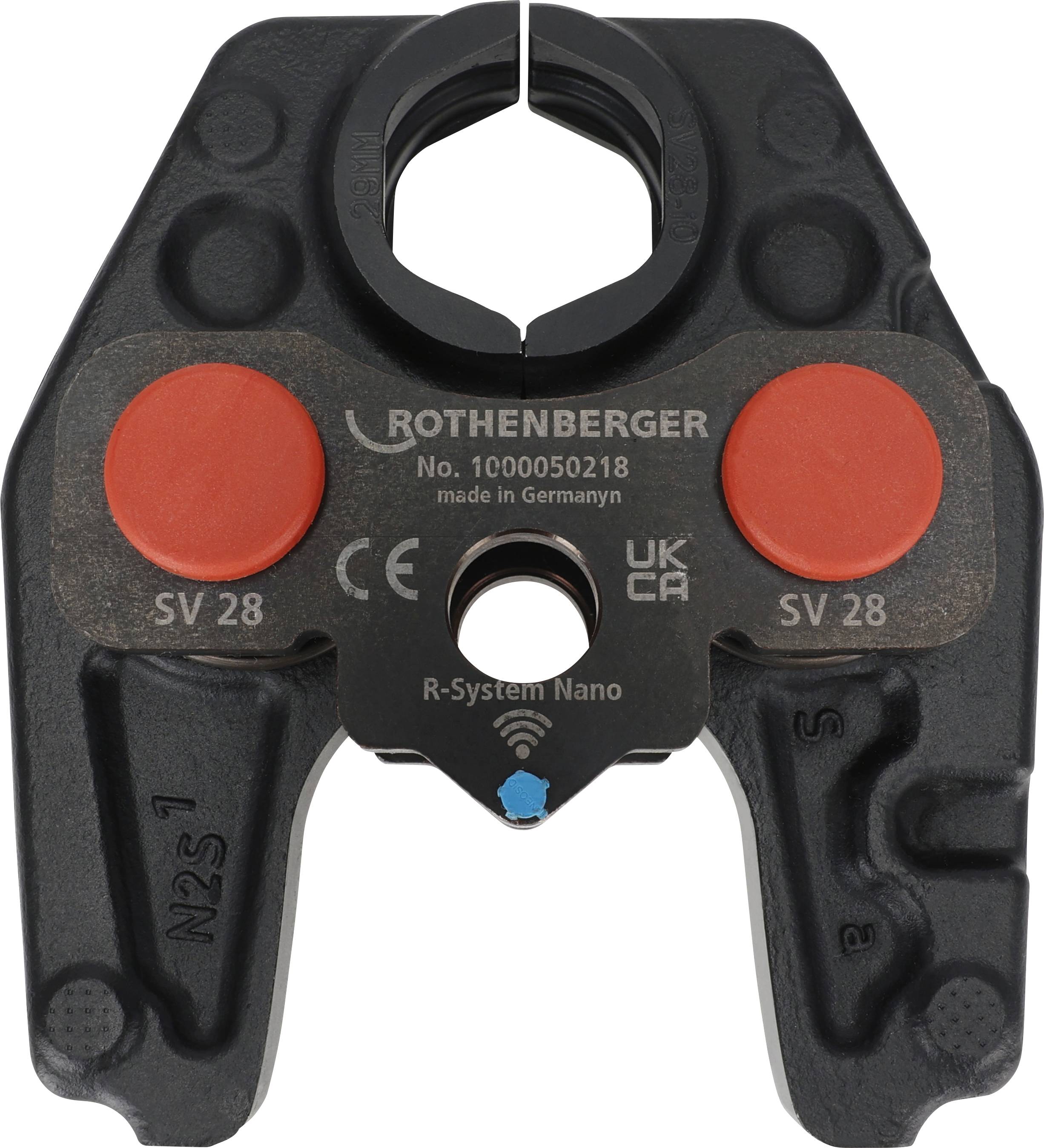 L'image montre un accessoire d'outil Rothenberger SV 28 noir avec deux inserts circulaires rouges, étiquetés « R-System Nano » et « UK CA ».