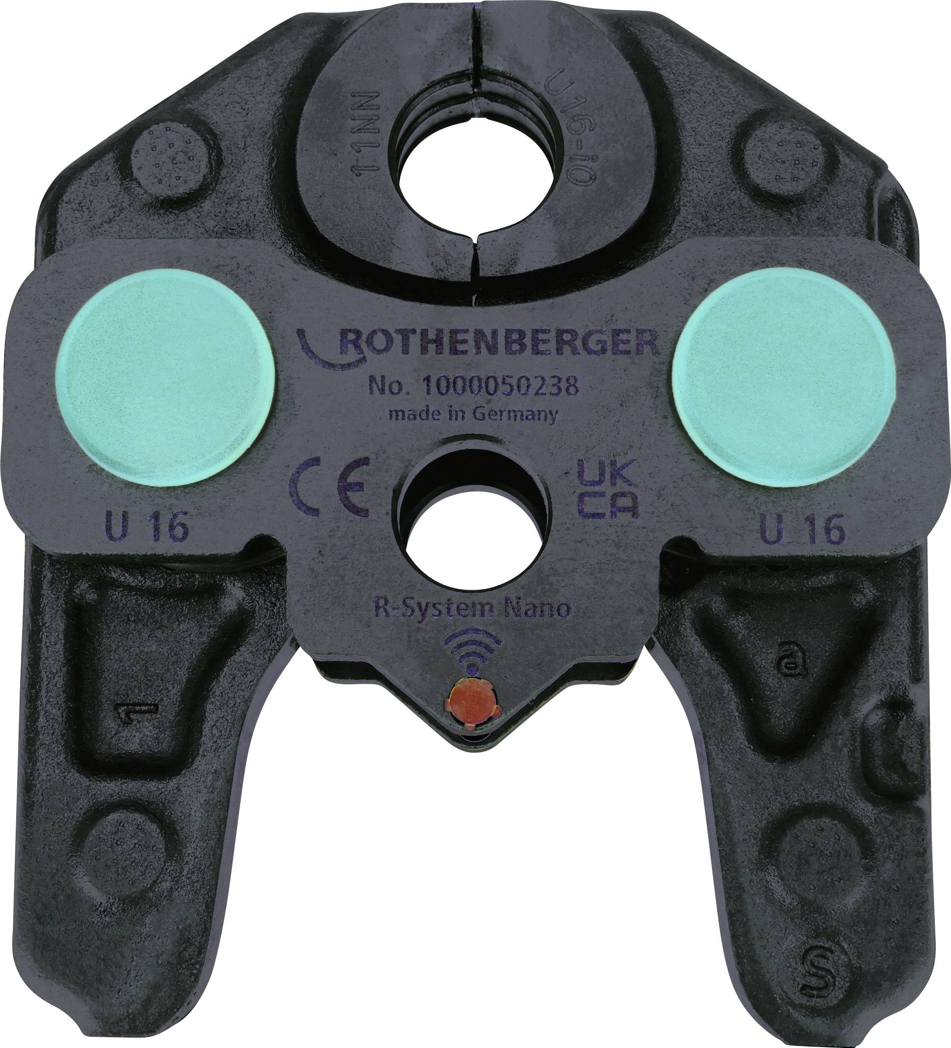 Un outil métallique noir Rothenberger U16 pour le pressage de tuyaux, étiqueté 'R-System Nano', avec deux coussinets circulaires turquoise.