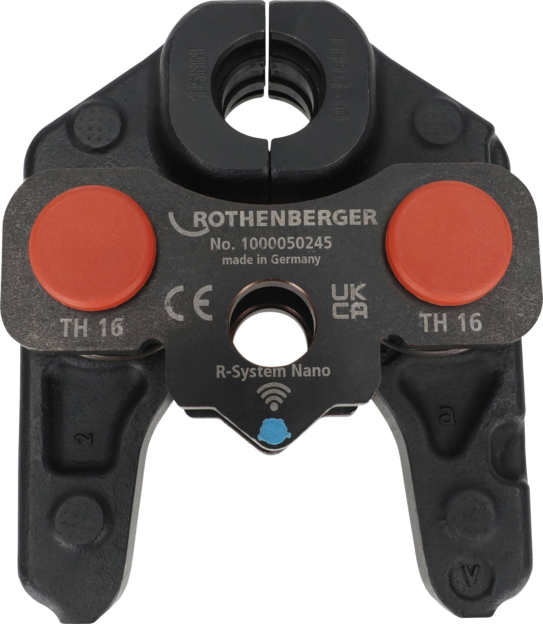Outil étiqueté 'ROTHENBERGER' pour tuyaux TH 16, avec connecteurs surlignés en rouge, utilisé pour des applications de plomberie ou mécaniques.