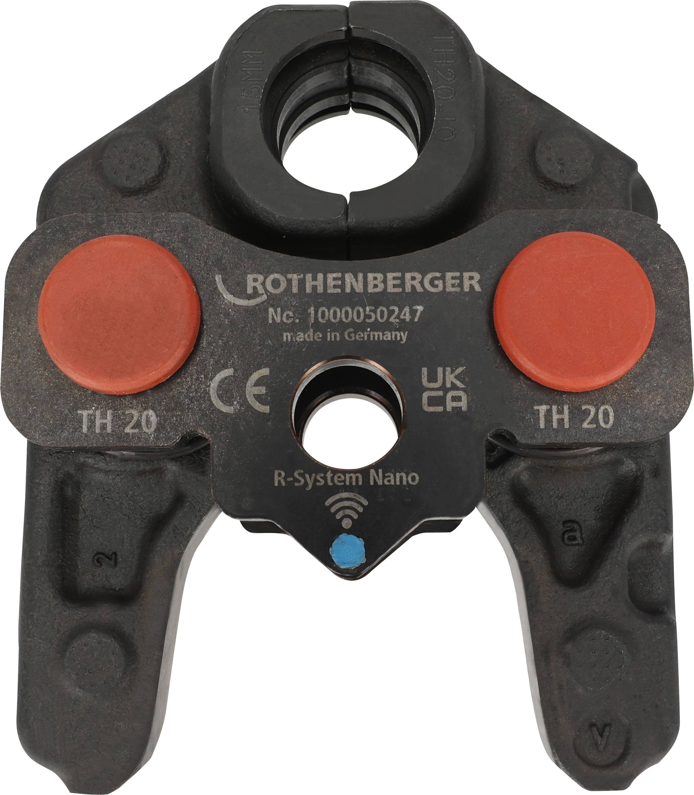 Mâchoire d'outil de sertissage « Rothenberger » avec boutons rouges, étiquetée « TH 20 », « made in Germany », et marquages de certification « CE » et « UK CA ».