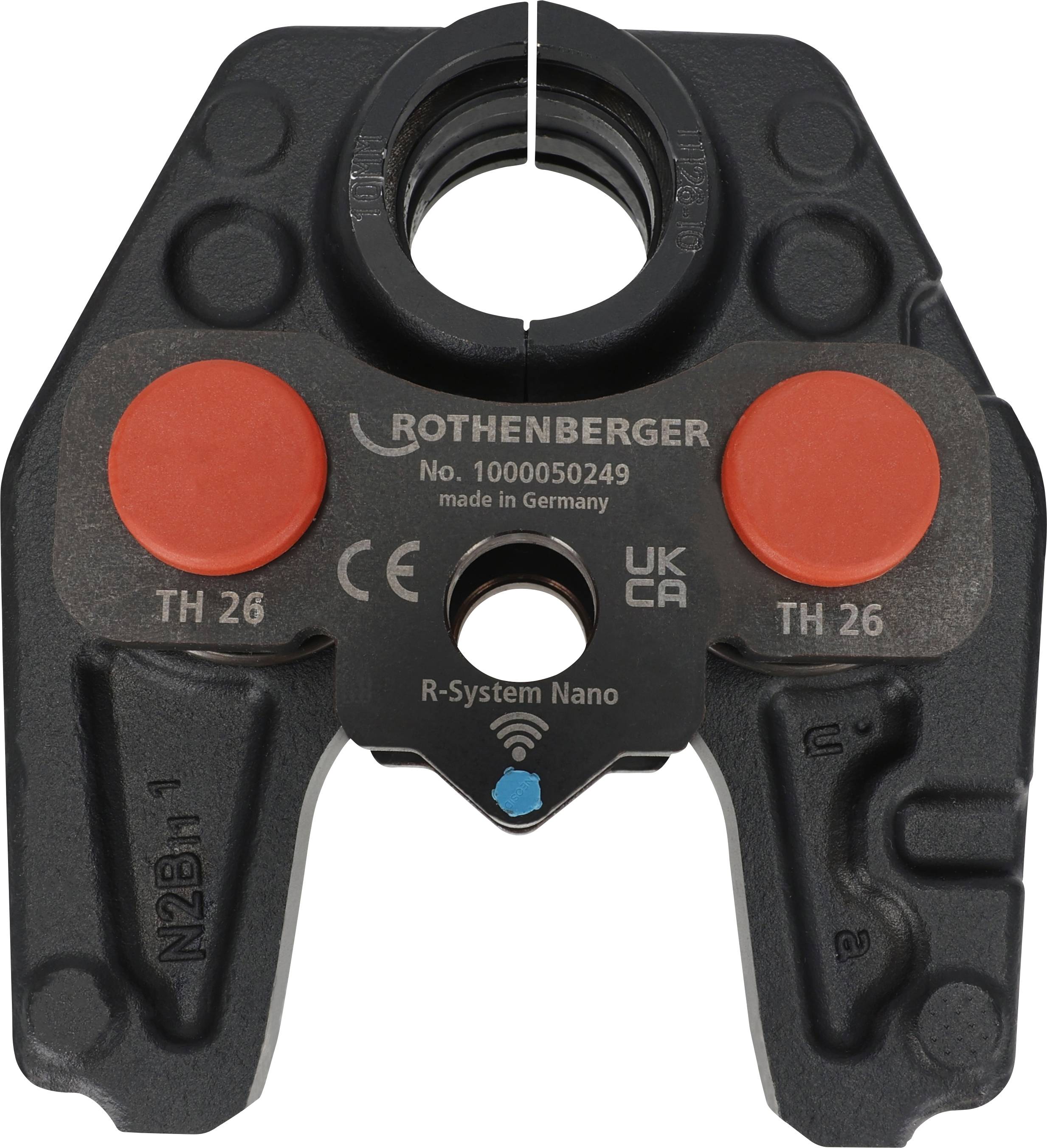 Tête d'outil de sertissage 'Rothenberger R-System Nano' montrant le numéro de modèle 1000050249, taille TH 26, avec des boutons de presse circulaires rouges.