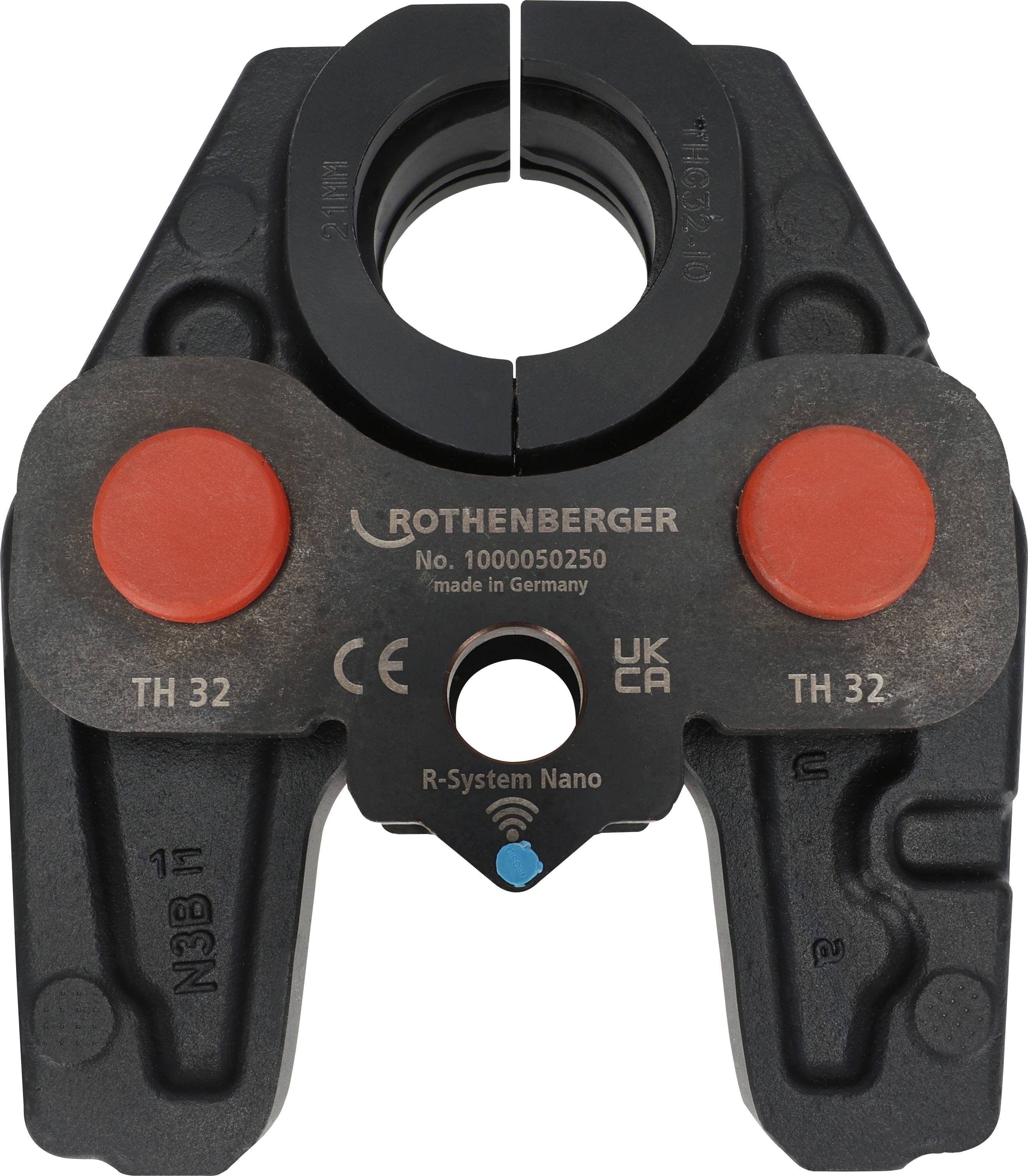 Outil de serrage de tuyaux « Rothenberger R-System Nano TH 32 », noir avec des poignées rouges, utilisé pour fixer les tuyaux, étiqueté « fabriqué en Allemagne ».