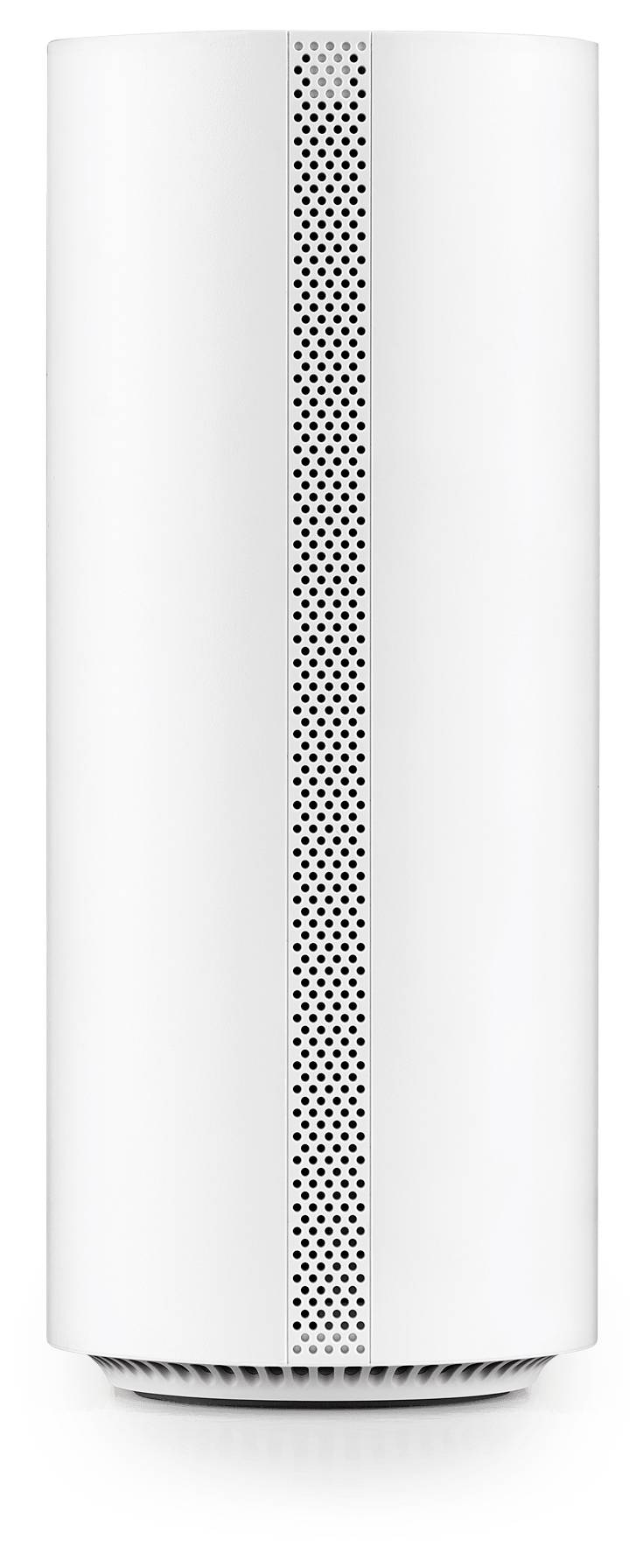 Un épurateur d'air cylindrique blanc élégant avec un design de ventilation perforée sur le devant, conçu pour les environnements domestiques modernes.