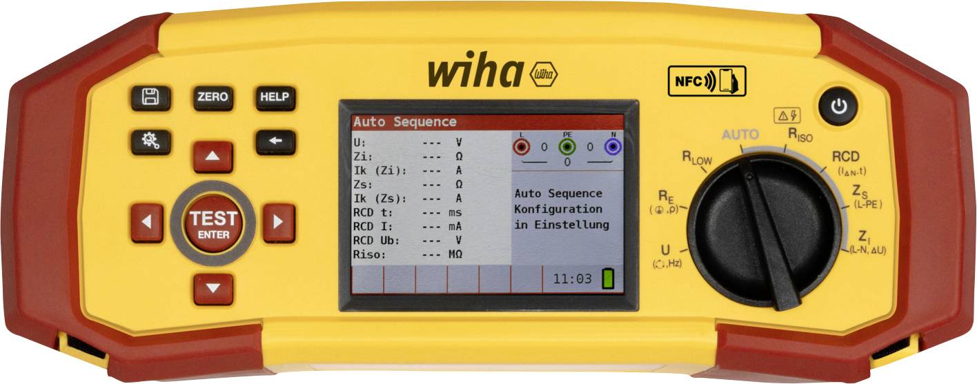 Testeur électrique numérique Wiha jaune et rouge avec écran affichant les paramètres « Auto-Sequence ». Dispose de boutons, d'un cadran et du logo NFC.