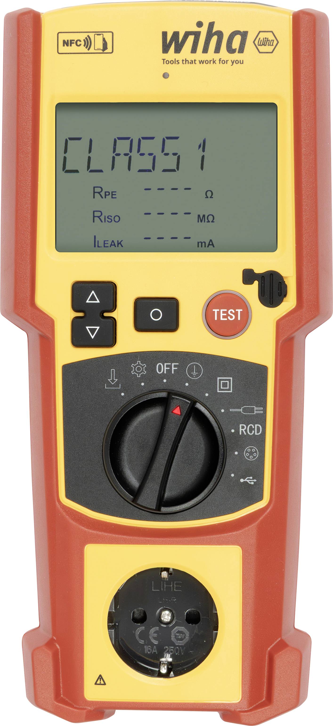 'Wiha' electrical testing device displaying 'CLASS 1 RPE Q, RISO MΩ, LEAK mA' on screen, with control buttons and a rotary dial.