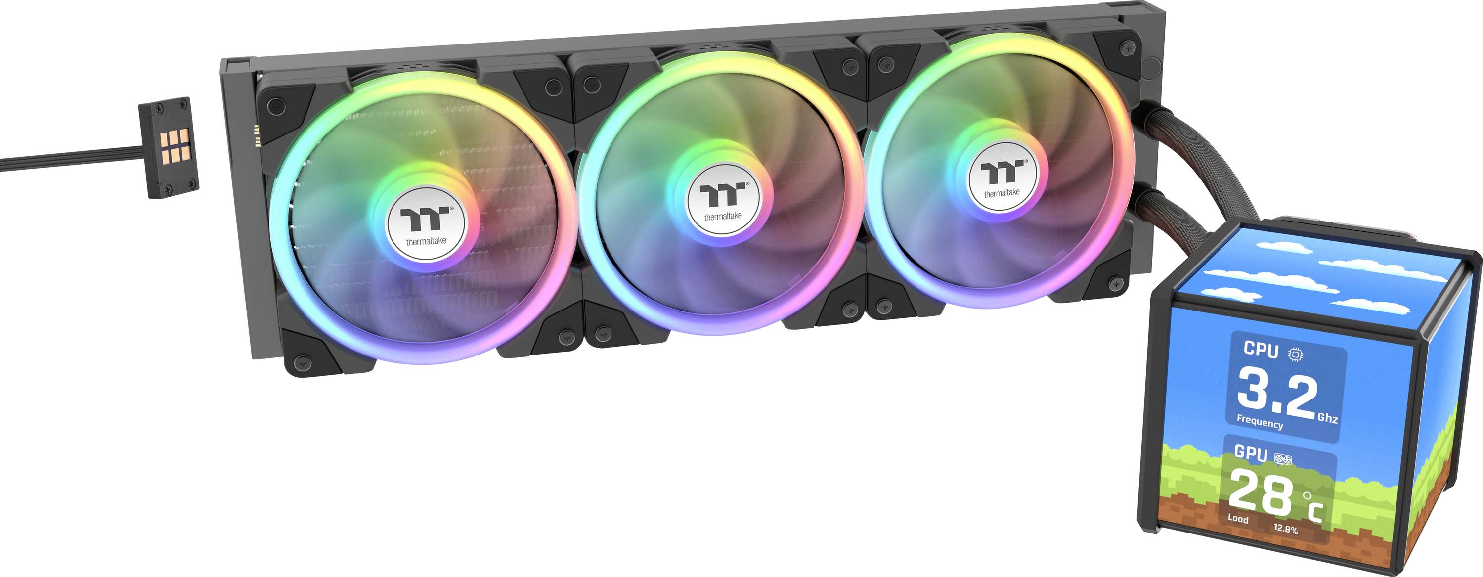 Refroidisseur CPU triple ventilateur avec éclairage RGB et écran numérique affichant la température du CPU à 28°C et la fréquence à 3,2 GHz.