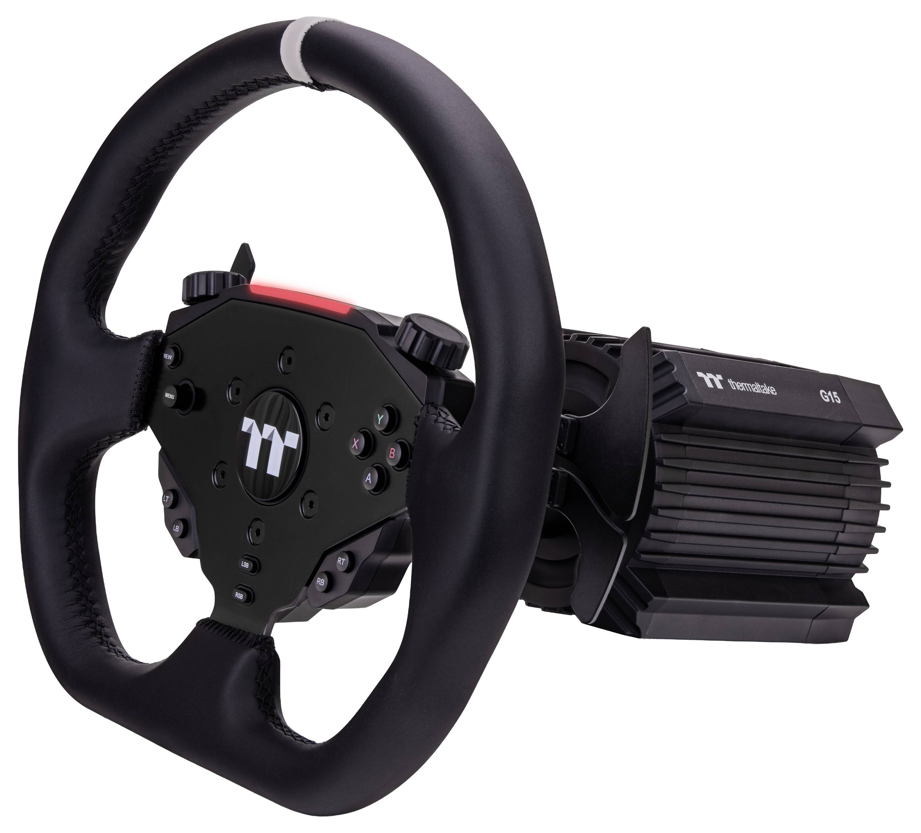 A high-performance racing simulator steering wheel with multiple buttons and a textured grip, designed for realistic motorsport gaming.