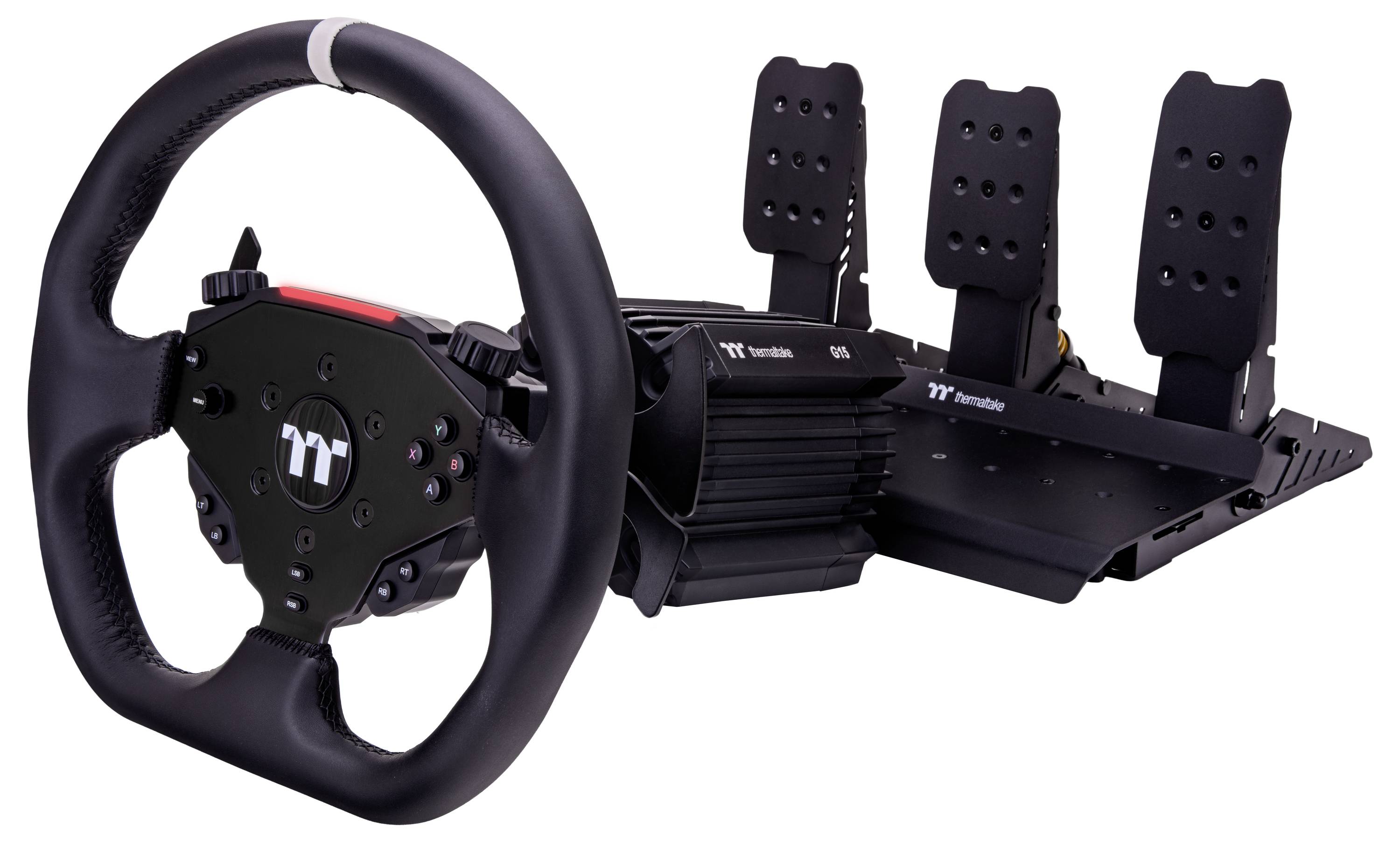 Configuration de simulateur de course professionnelle avec volant et trois pédales conçue pour une expérience de conduite réaliste.