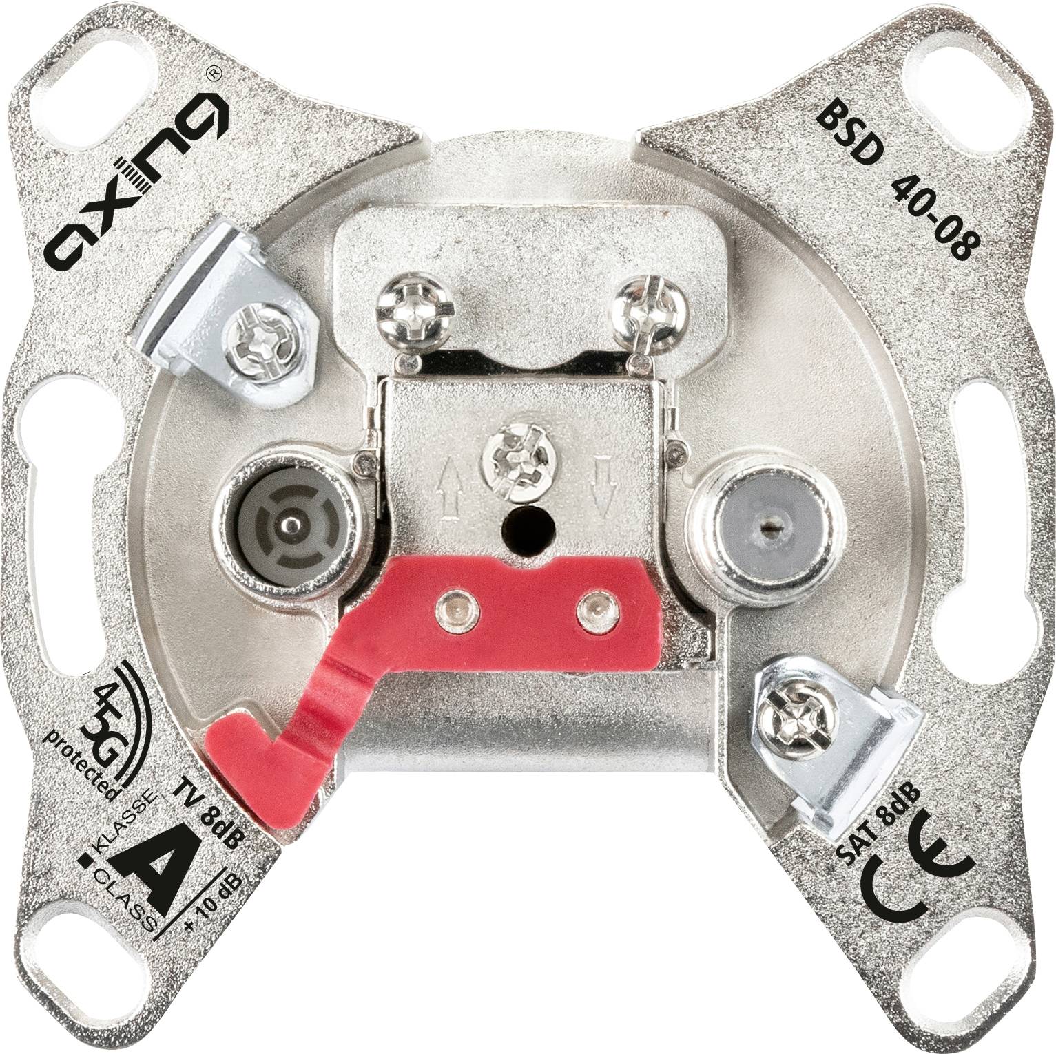 Un dispositif électrique métallique marqué « Axing BSD 40-08 », montrant un point de connexion de câble et des étiquettes de certification CE.