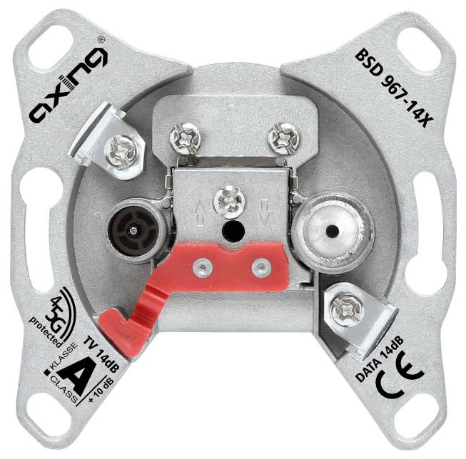 Satellite socket labeled 'Axing' with connectors for TV, radio, and data. Shows dB ratings and protective features.
