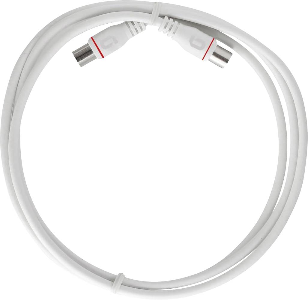 Un câble coaxial blanc enroulé avec deux connecteurs aux extrémités, utilisé pour transmettre les signaux de télévision par câble ou les données Internet.