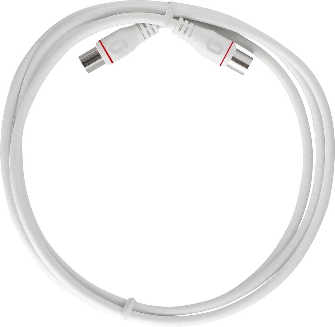 Un câble coaxial blanc avec des connecteurs métalliques aux deux extrémités, enroulé soigneusement.