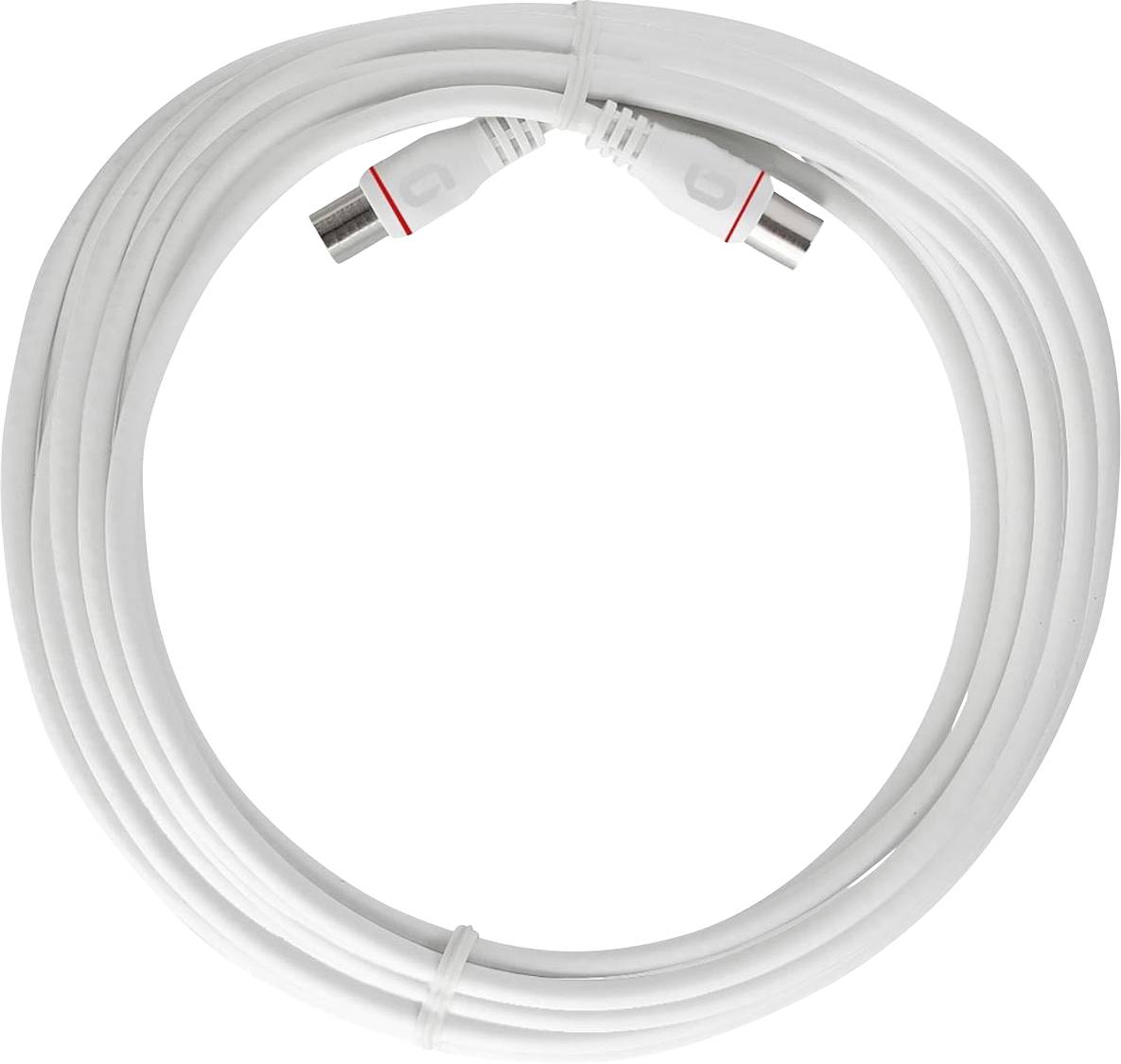 Un câble coaxial blanc enroulé avec des connecteurs aux deux extrémités.