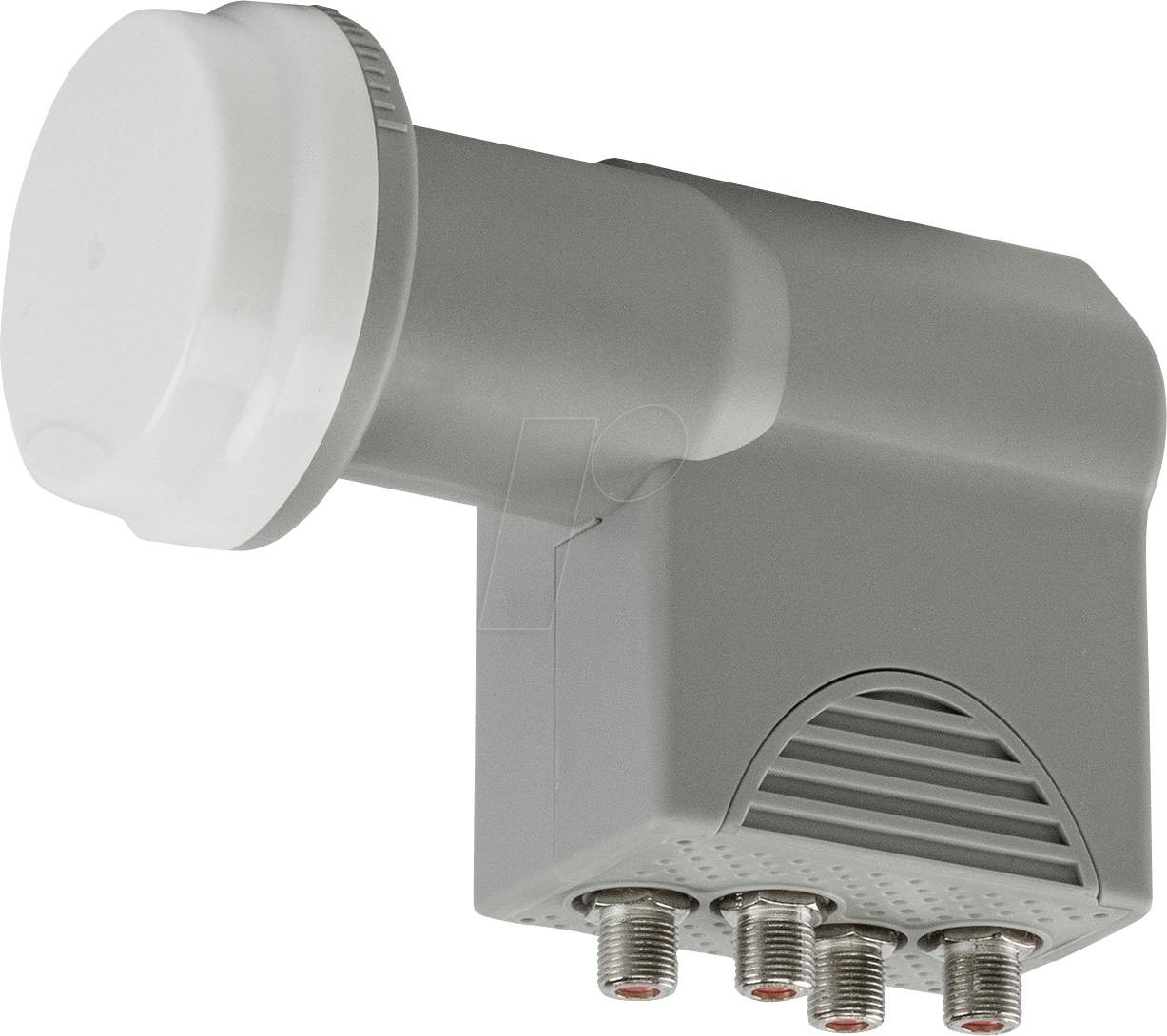 Un appareil LNB quad gris avec quatre connecteurs de sortie utilisé pour la réception de parabole satellite.