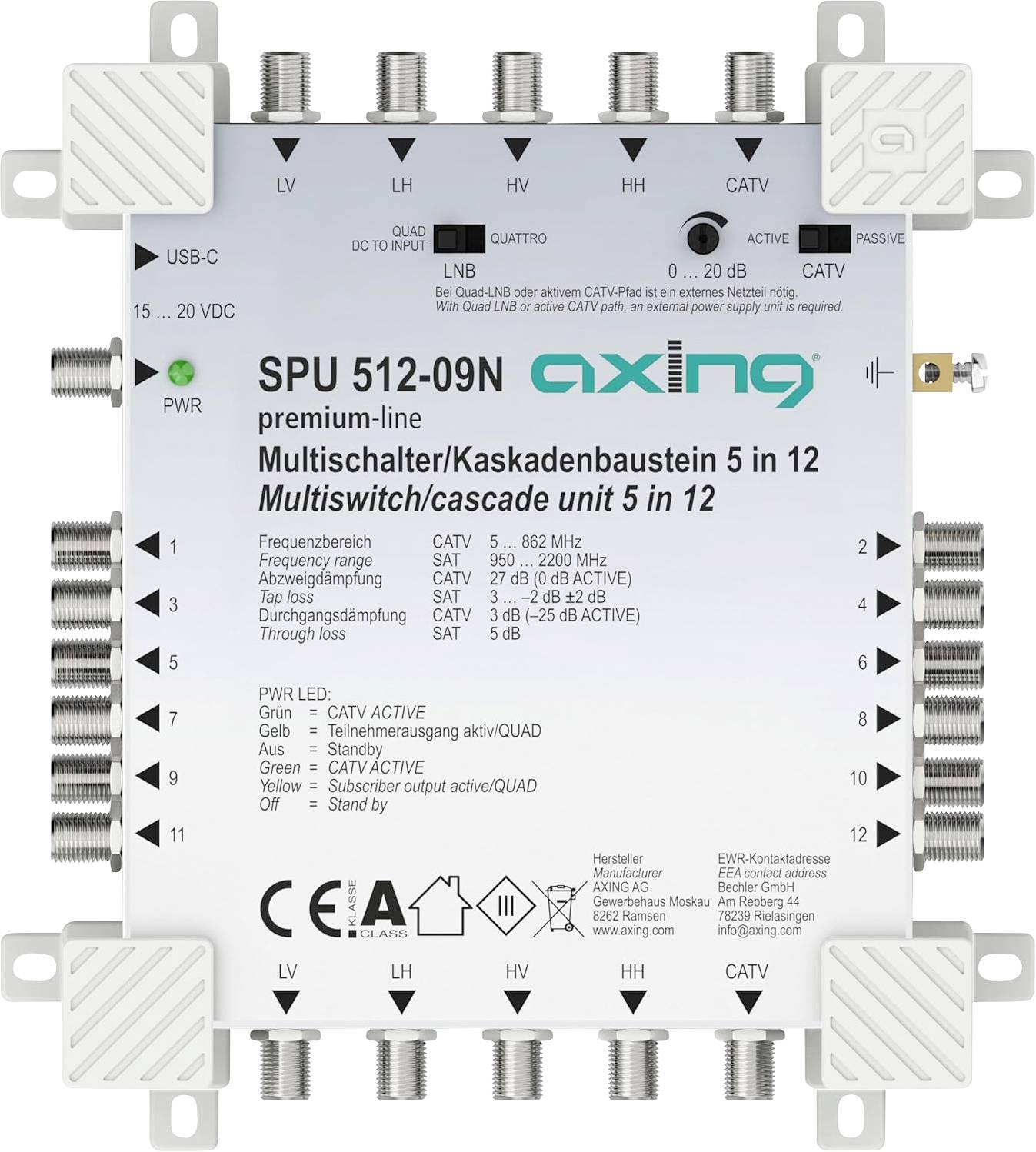 Unité multicommutateur/cascade 5 dans 12 avec plusieurs ports pour la distribution du signal satellite. Inclut les spécifications d'alimentation et de fréquence.