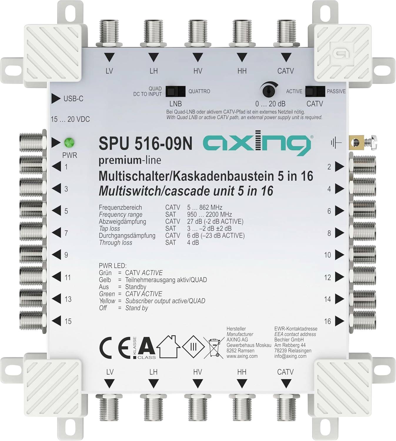Un dispositif multiswitch étiqueté « axing SPU 516-09N », avec plusieurs ports d'entrée/sortie pour les connexions satellites et terrestres, présentant diverses spécifications et logos de conformité.