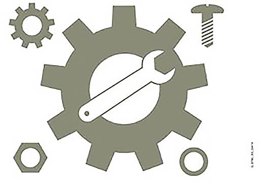 Ein großes Zahnrad mit einem Schraubenschlüssel-Symbol überlappt ein kleineres Zahnrad, einen Bolzen und eine Mutter und symbolisiert Werkzeug- oder Maschinenkonzepte.