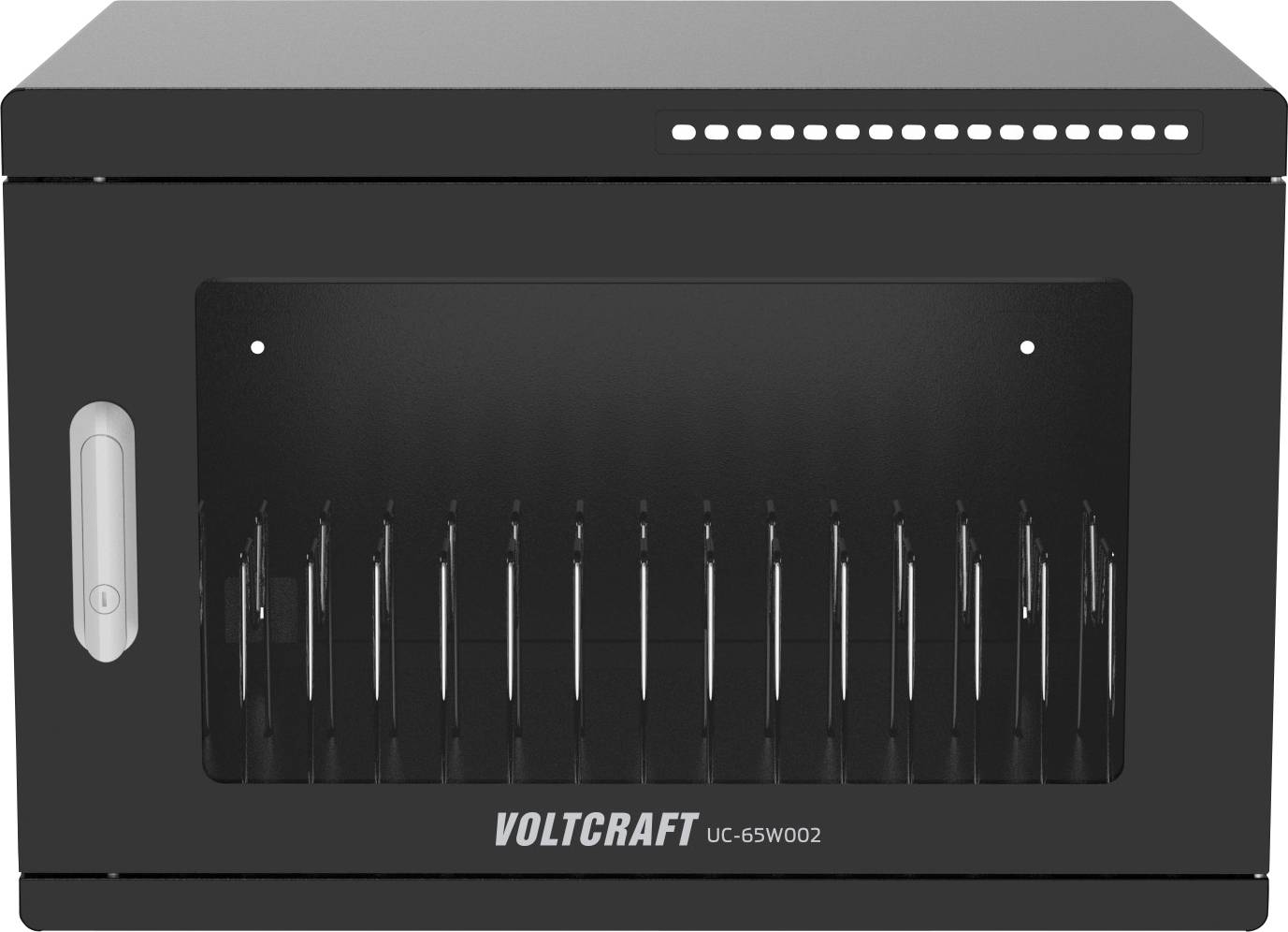Armoire de charge noire VOLTCRAFT UC-65W002 avec fenêtre de visualisation frontale, poignée et voyants d'état sur le dessus.