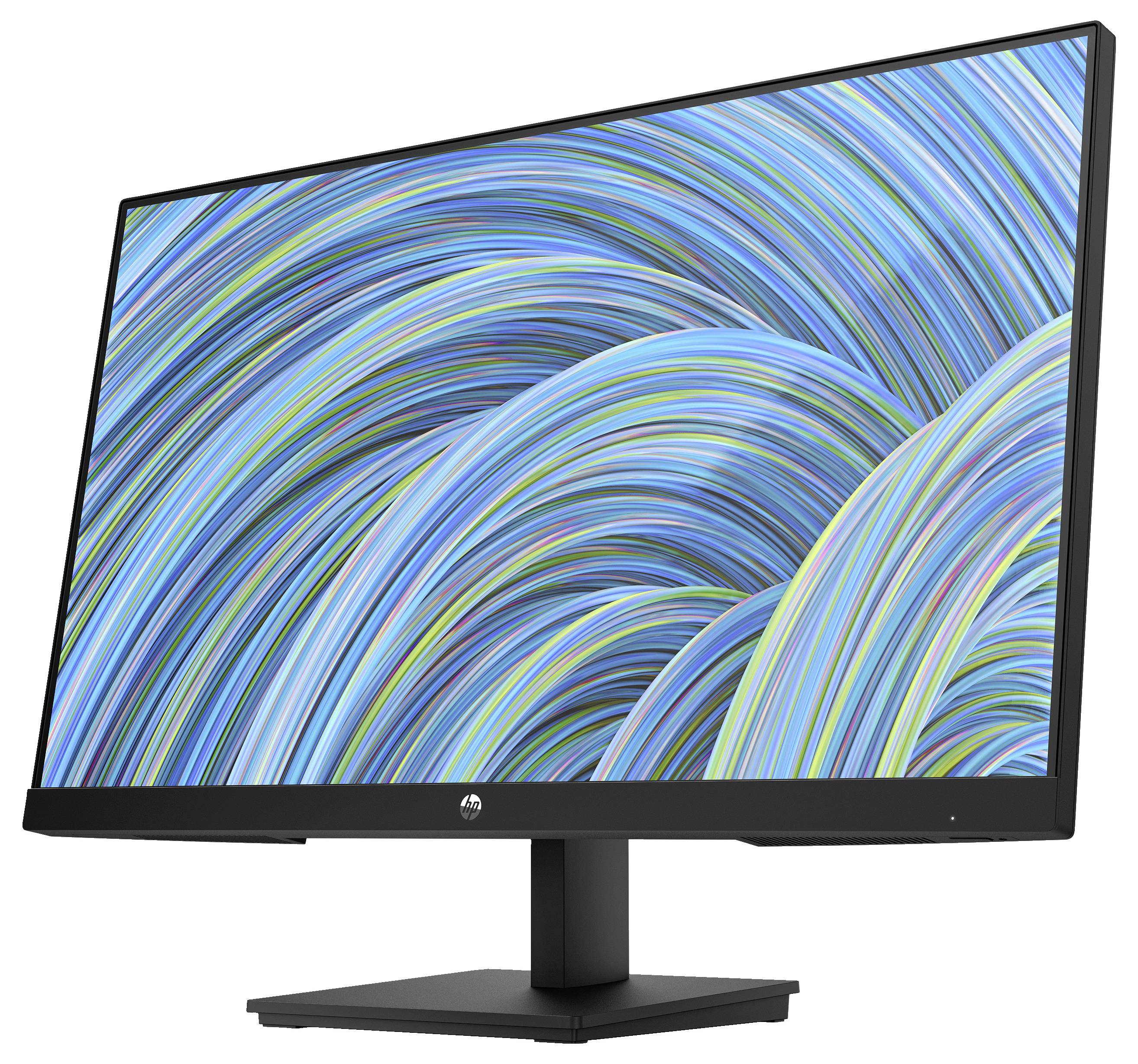 A modern computer monitor displaying an abstract, colorful swirl pattern in shades of blue, green, and yellow on the screen.