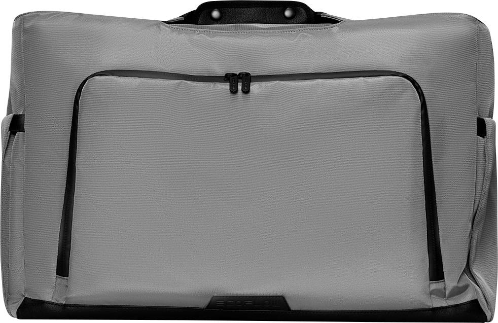 Sac de voyage gris avec des accents noirs, poche zippée avant et poignées robustes, conçu pour un rangement pratique et une portabilité optimale.