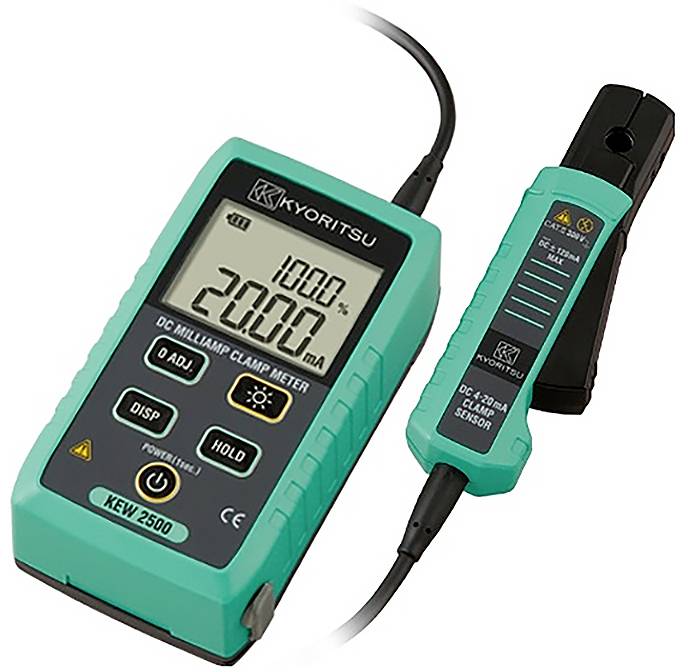 Un pince-ampèremètre numérique affichant une lecture de « 20,00 mA » sur son écran, conçu pour mesurer le courant électrique. L'appareil est connecté à une boucle de câble.