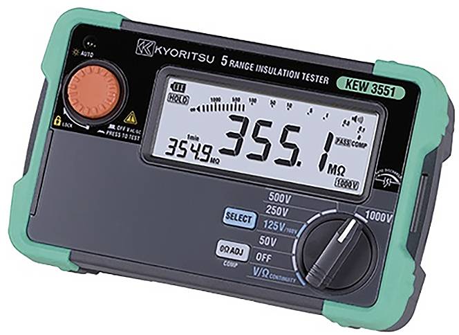 Testeur d'isolement « Kyoritsu KEW 3551 » affichant une lecture de 355,1 MΩ, avec paramètre 500V, cadran, boutons et écran numérique.