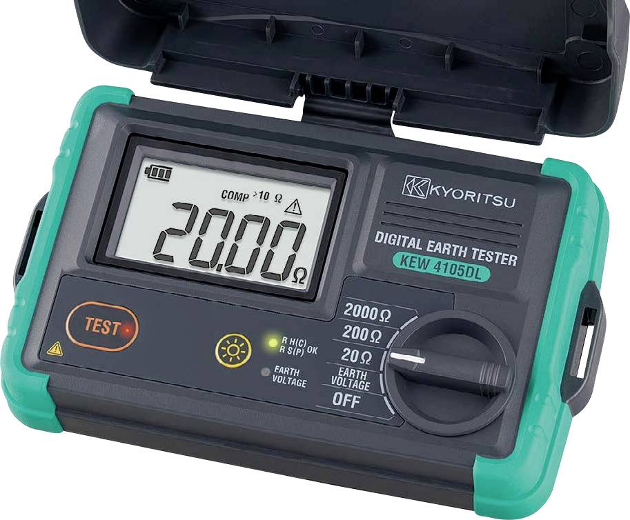 Testeur de terre numérique affichant une lecture de '20.00Ω', doté d'un bouton de test, de réglages de cadran pour la résistance et la tension, et de commandes étiquetées.
