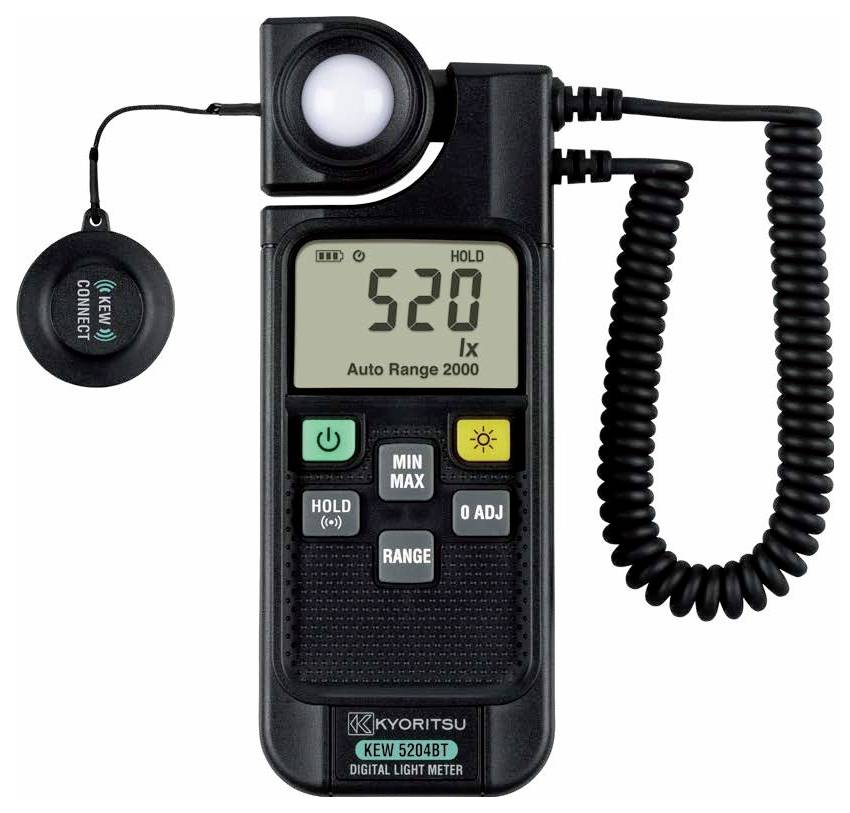 Digital light meter displaying '520 lx' with buttons labeled 'HOLD', 'MIN/MAX', 'RANGE', 'ZERO ADJ' on the front, with connected sensor.