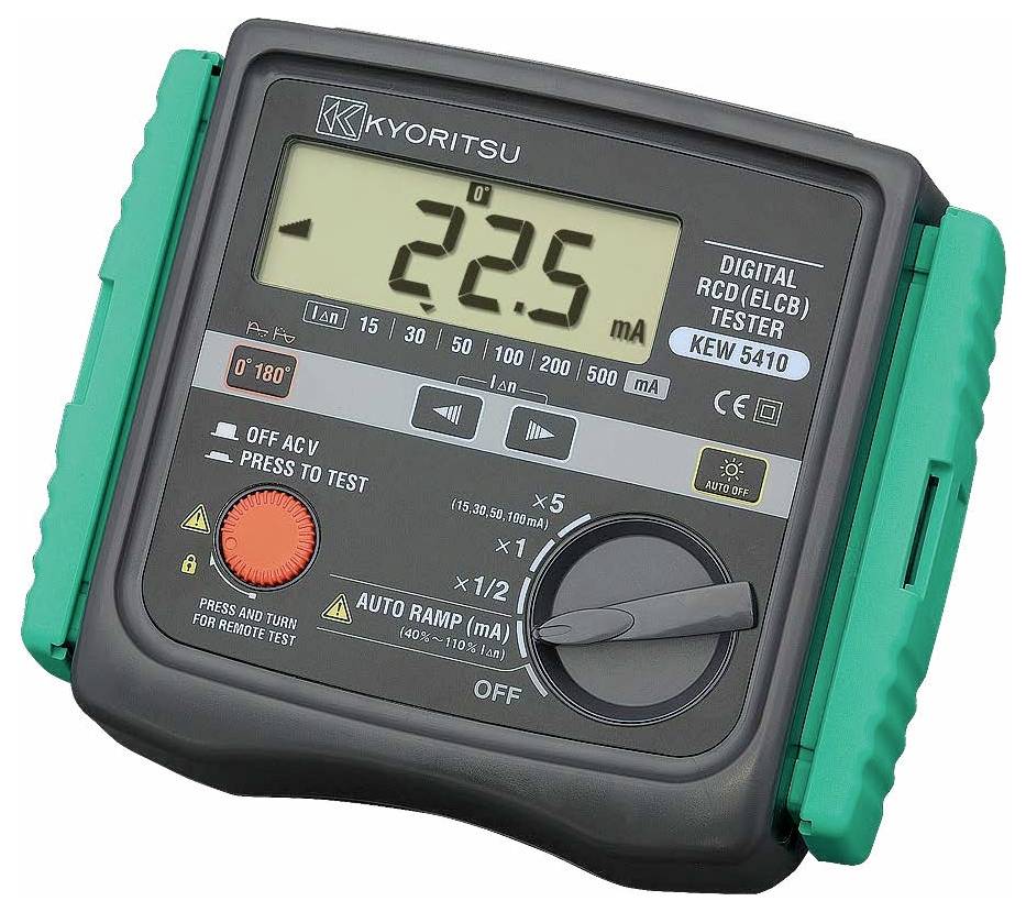 Testeur RCD/ELCB numérique affichant « 22,5 mA » sur un écran LCD, avec plusieurs boutons et un commutateur rotatif pour différents paramètres de test.