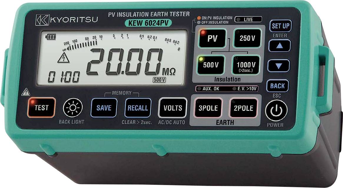 Testeur d'isolation terre Kyoritsu KEW 6024PV affichant une mesure de 20,00 MΩ. Comprend plusieurs paramètres et boutons de test.