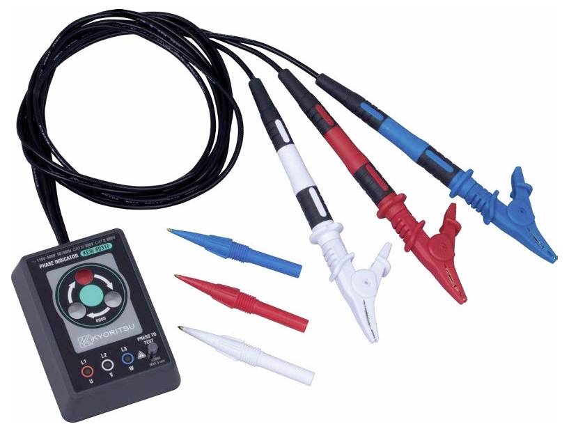 Un testeur de rotation de phase avec sondes noire, bleue et rouge, utilisé pour déterminer la séquence de phase dans les installations électriques.