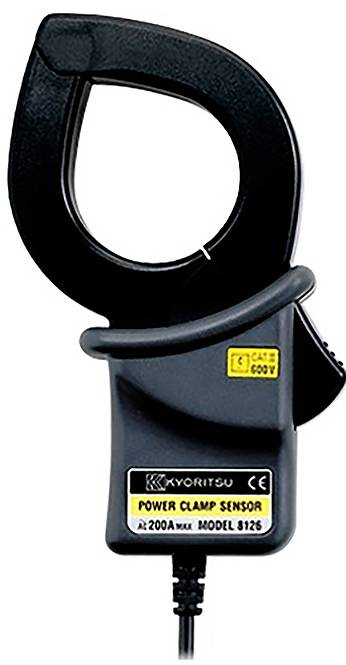 Un capteur de pince de puissance noire étiqueté « Kyoritsu Model 8126 » utilisé pour mesurer le courant électrique jusqu'à 200A avec une classification de sécurité CAT II 600V.