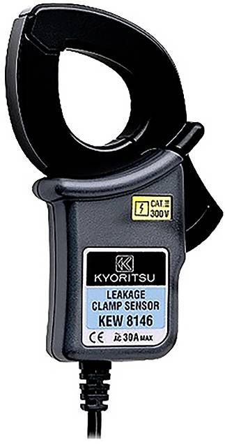 Un capteur de pince de fuite noir et bleu étiqueté « Kyoritsu KEW 8146 », utilisé pour mesurer les fuites électriques, avec marquage CAT III 300V.