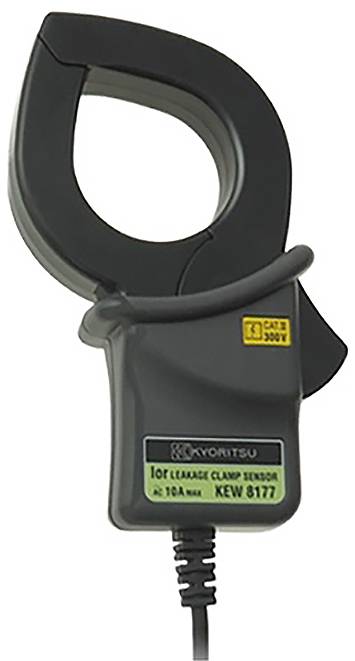 Capteur de pince pour mesurer le courant électrique; étiqueté « Capteur de pince de fuite IoT Kyoritsu, 10A Max, KEW 8177 », avec classification de sécurité « CAT 3 300V ».