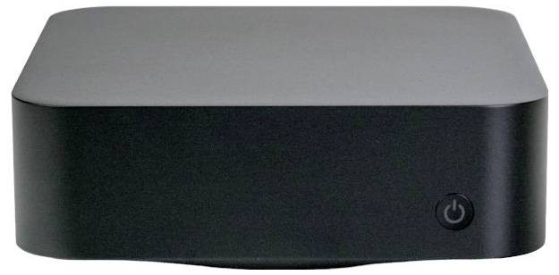 A small, black rectangular electronic device with a power button on the front, used for computing or media streaming.