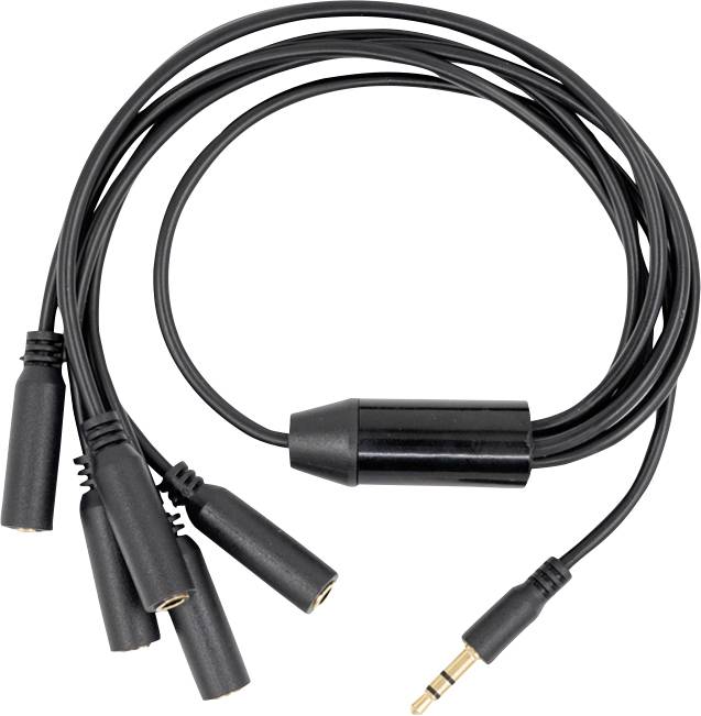 Un câble répartiteur pour écouteurs noir avec un connecteur mâle et quatre ports femelles.