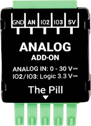 Le module complémentaire analogique « The Pill » avec les broches GND, AN, IO2, IO3, 5V détaillées, supporte une entrée analogique 0-30V et des niveaux logiques 3.3V.