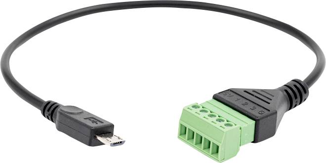 Un court câble noir avec un connecteur micro USB à une extrémité et un connecteur à bornier vert à l'autre extrémité, utilisé pour les connexions électroniques.