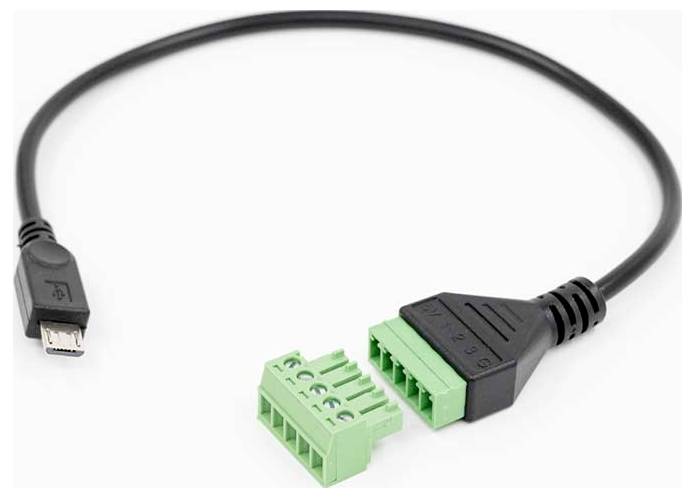A black cable with a micro USB connector on one end and a green terminal block connector on the other, used for data or power transfer.