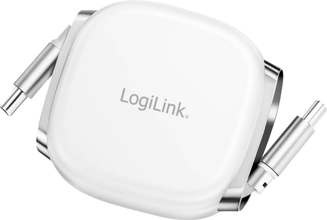 Un câble USB-C vers USB LogiLink blanc rétractable avec des connecteurs visibles des deux côtés, conçu pour un rangement compact et une utilisation facile.