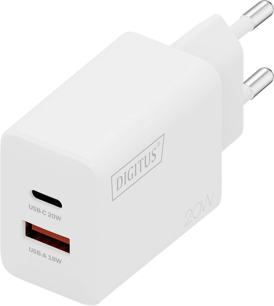 Un chargeur mural USB blanc avec deux ports : un port USB-C étiqueté « USB-C 20W », et un port USB-A étiqueté « USB-A 18W », équipé d'une prise européenne.
